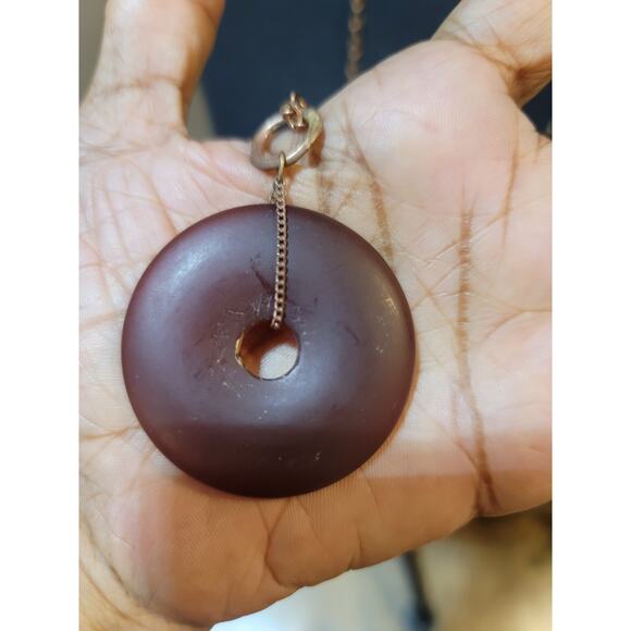 Women's Long Chain Necklace With Brown Donut Pendant And Lobster Clasp Lock - Picture 3 of 5